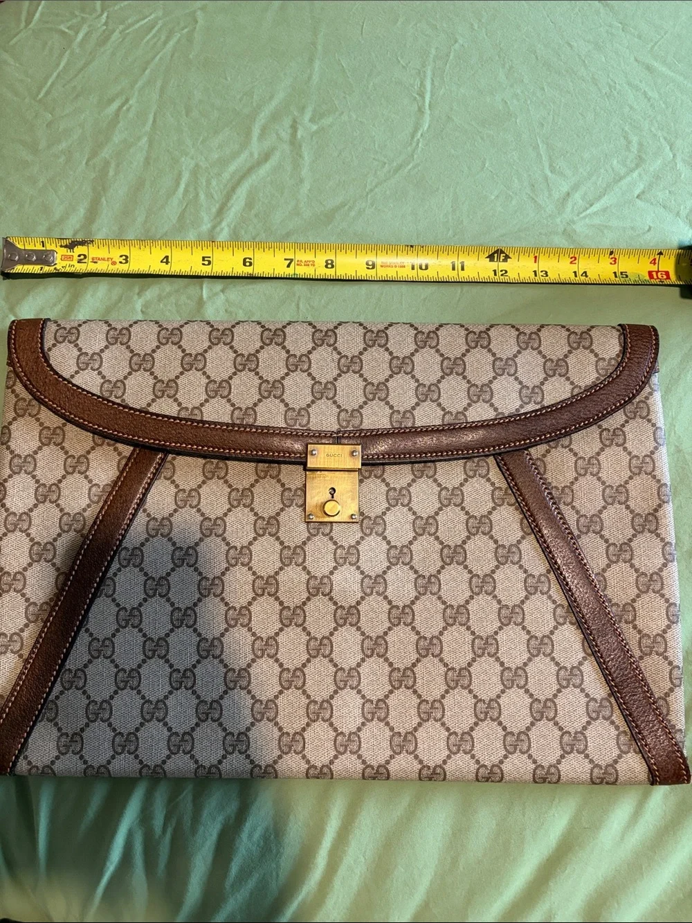 Gucci Beige GG Supreme Envelope Clutch with Brown Leather Trim